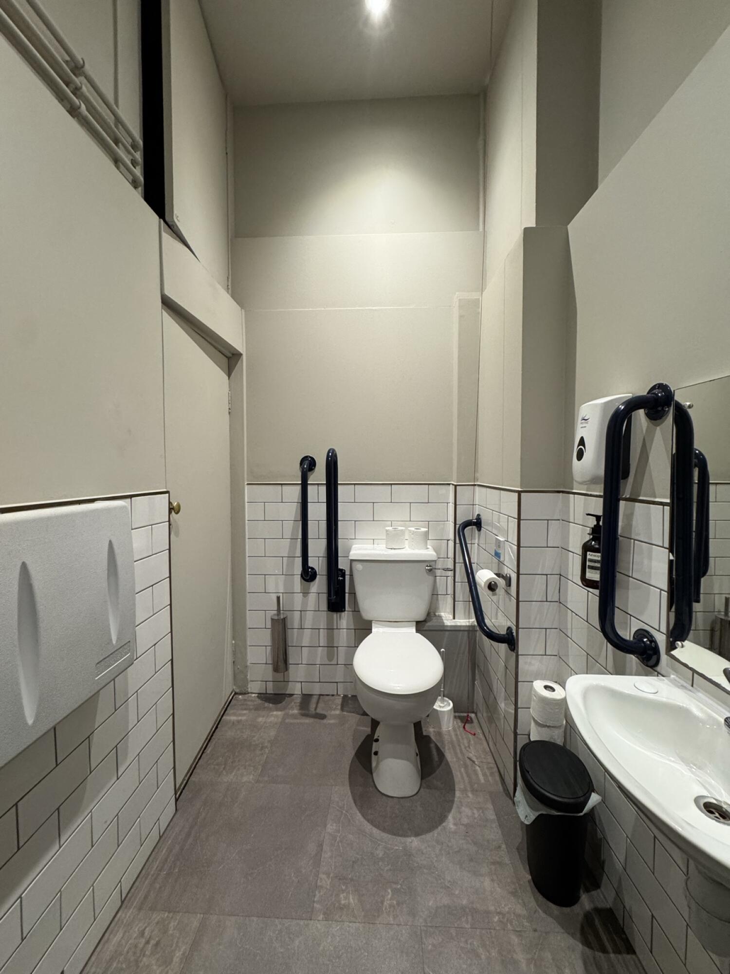 Toilet in centre of back wall. Sink on right wall. Emergency pull cord right of toilet.