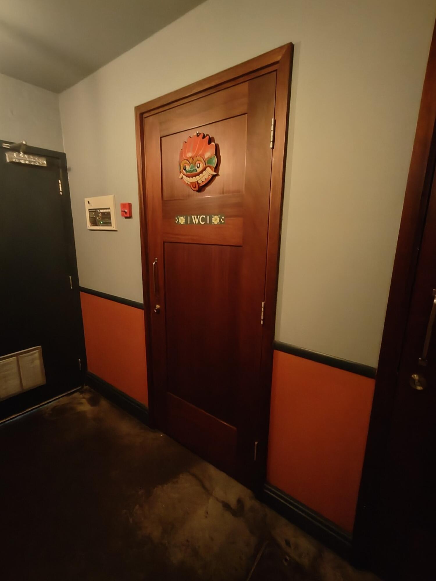Brown wooden bathroom door. Use handle to open.