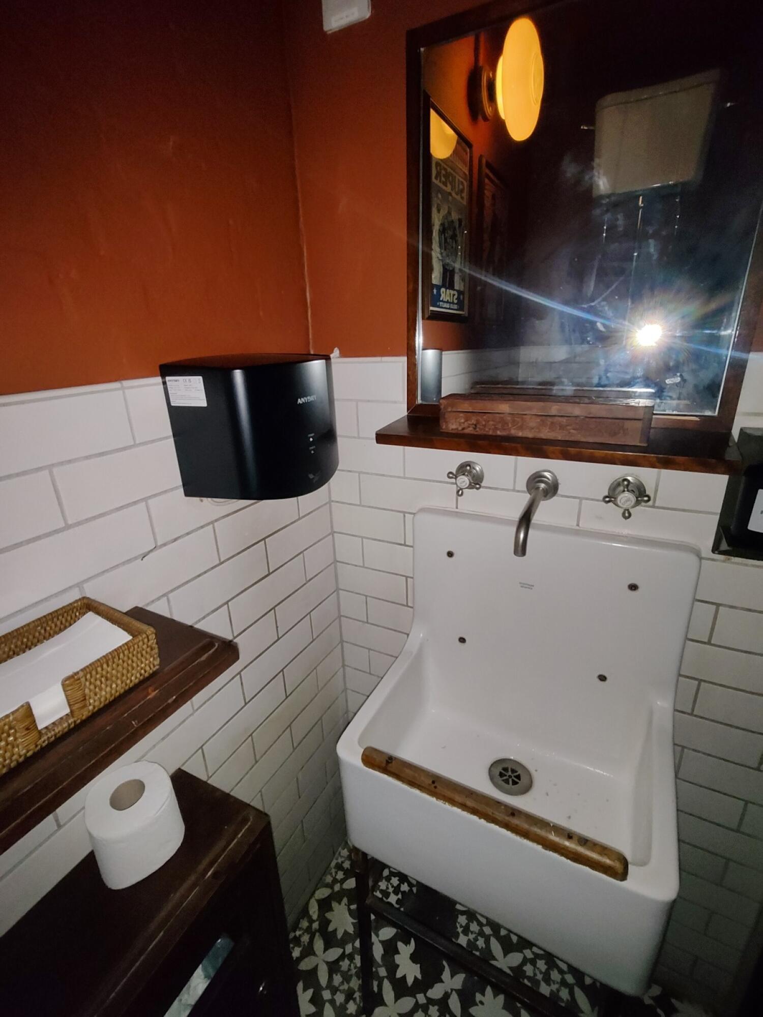 Toilet at front left. Sink on right wall.