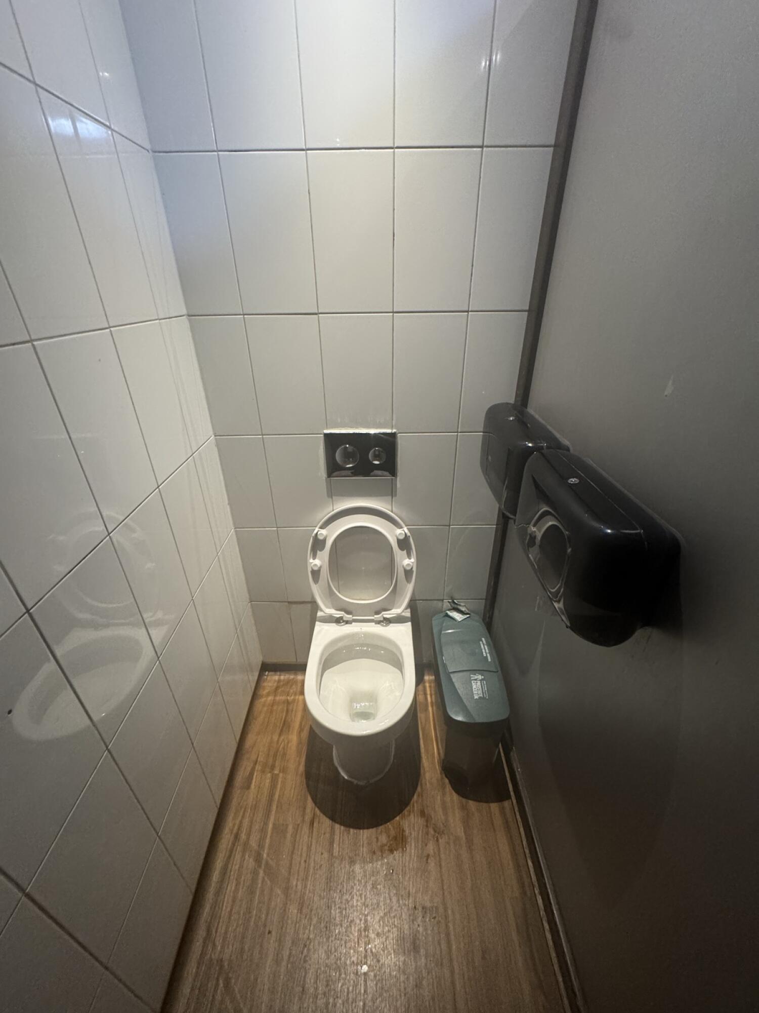 Toilet at back wall.