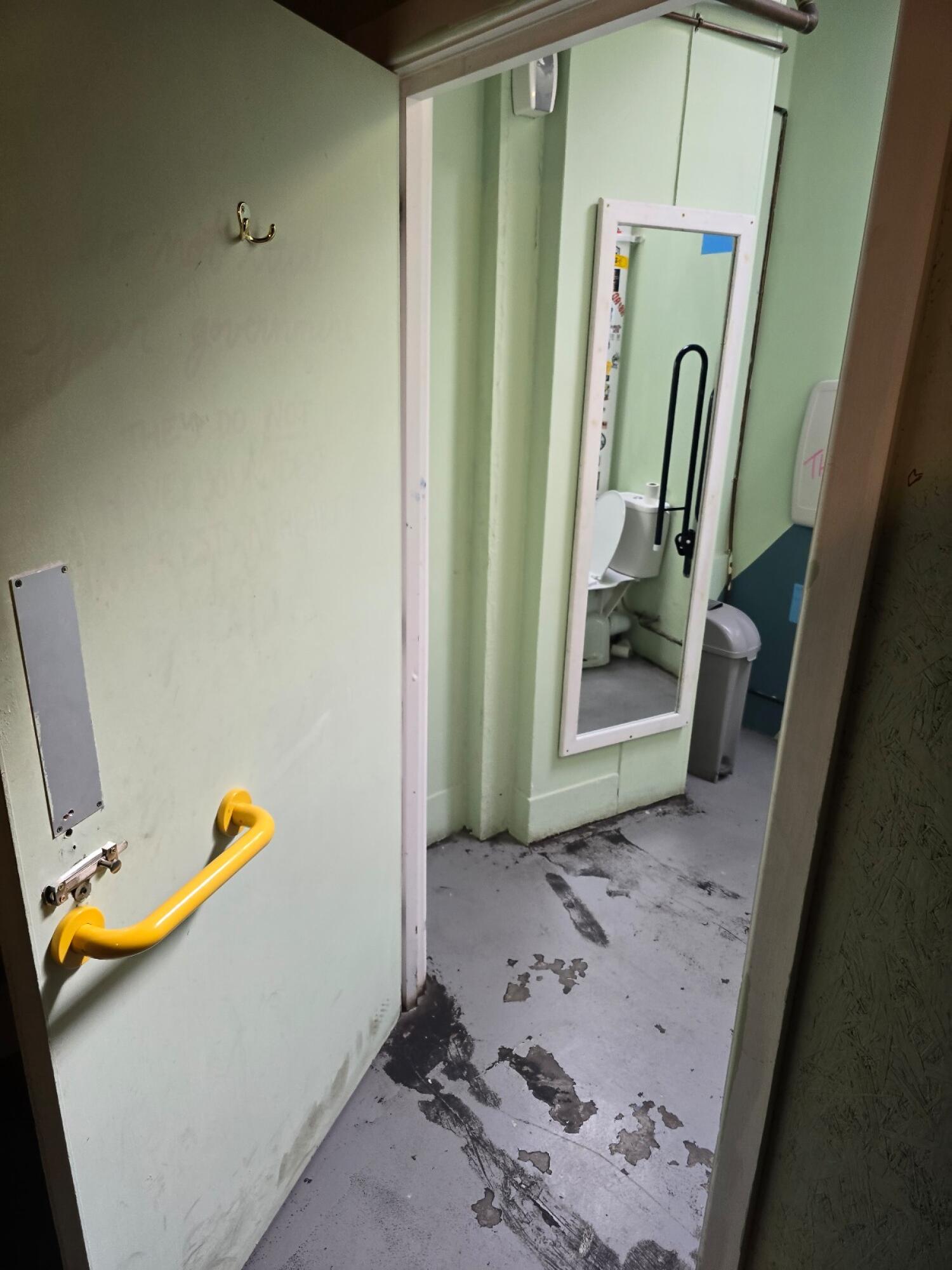 Grab rail on left door. Use handle to open.