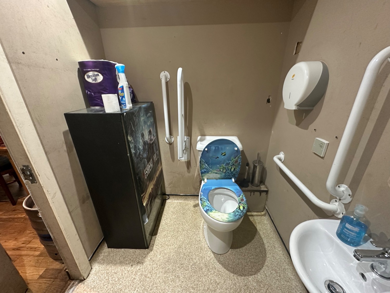 From bathroom door looking left at storage to left. Toilet to far right. Sink on right.