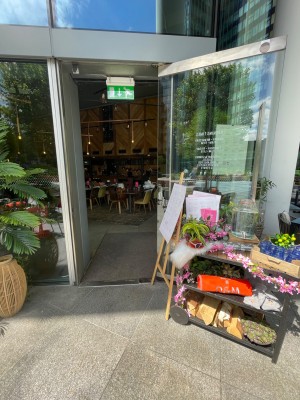 Glass door with handle at left, pull to open. Plant at left, display table at right of the entrance.