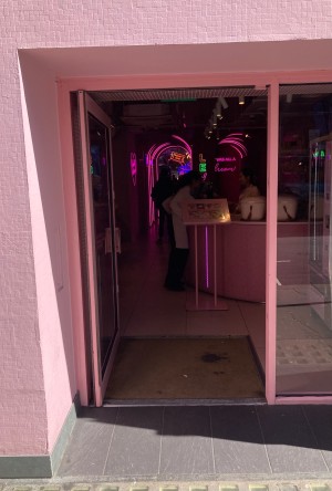 Access via glass door with pink frame. Push open via pink metal handle on right.