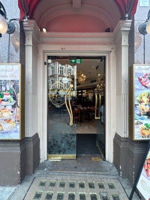Double glass doors with curved vertical gold metal handles in middle. Push to open.