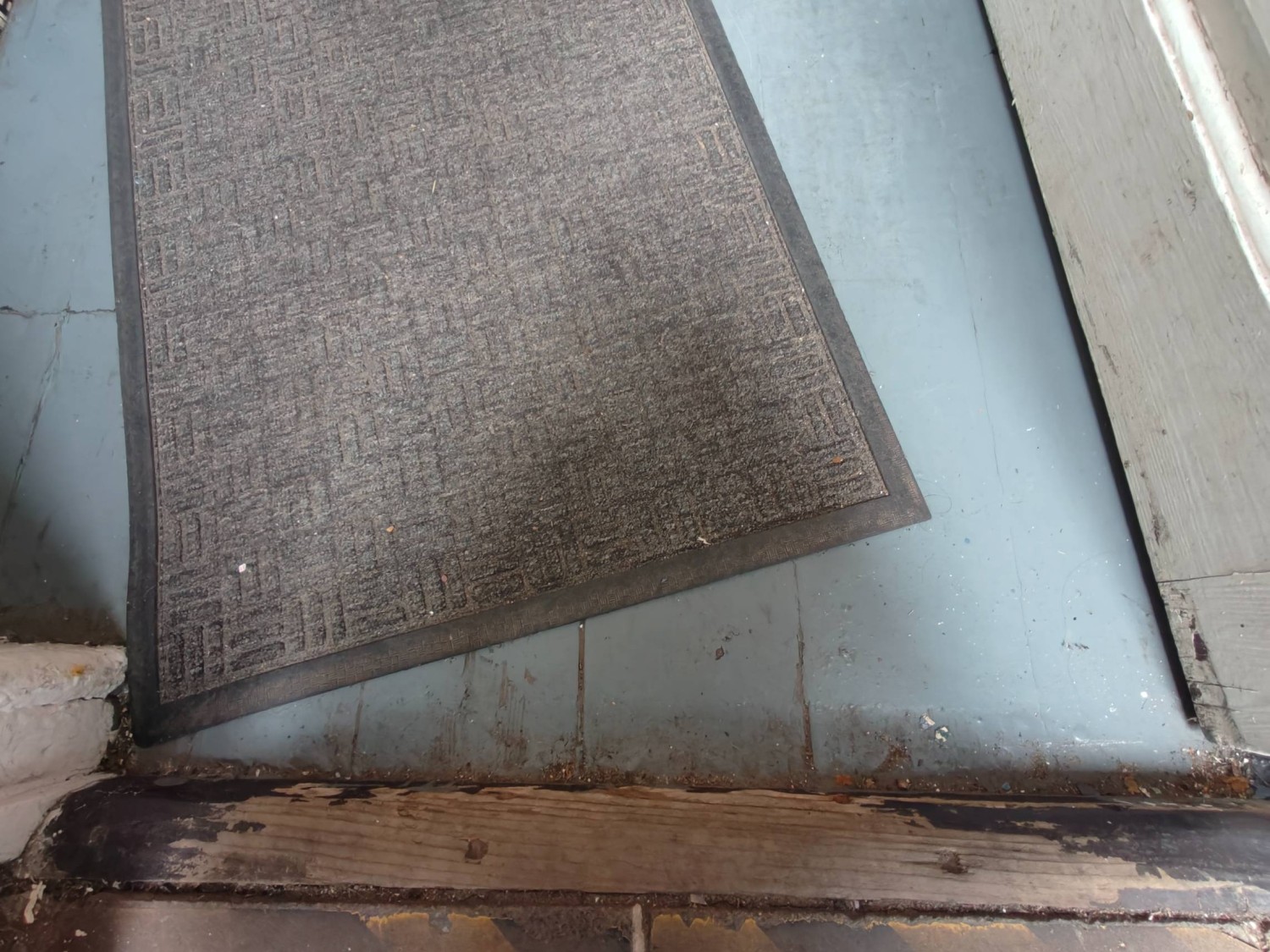 One small step down on threshold of door followed by carpeted area.