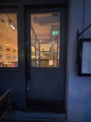 Grey and glass paneled door. Push at middle left to open. Small step at foot of door.
