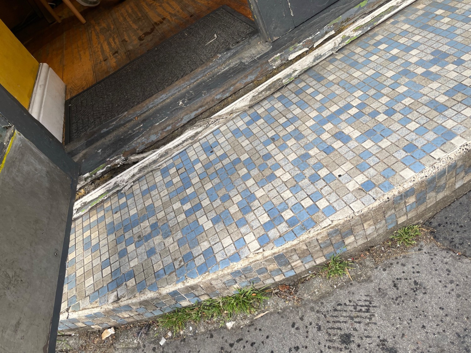 Regular step up to small landing before door. Small step at threshold of door.