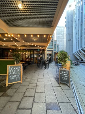 From street facing venue. Path to main entrance ahead. A-board signs on left and right.