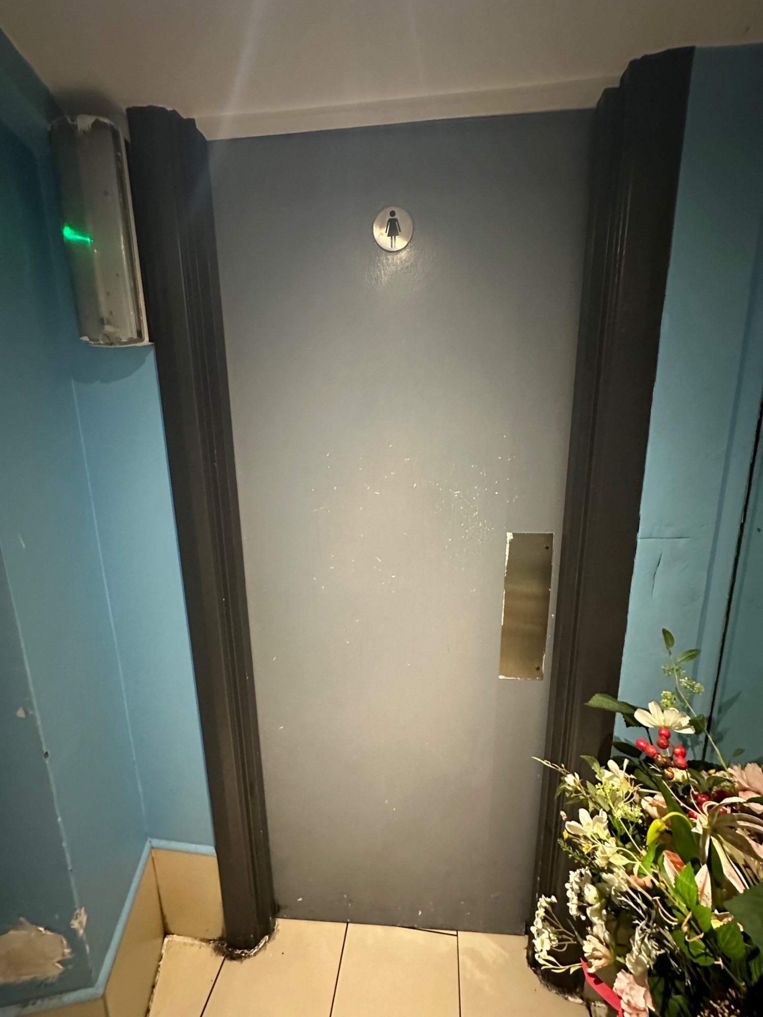From door looking left at second preceding blue door with silver push pad to right of door.