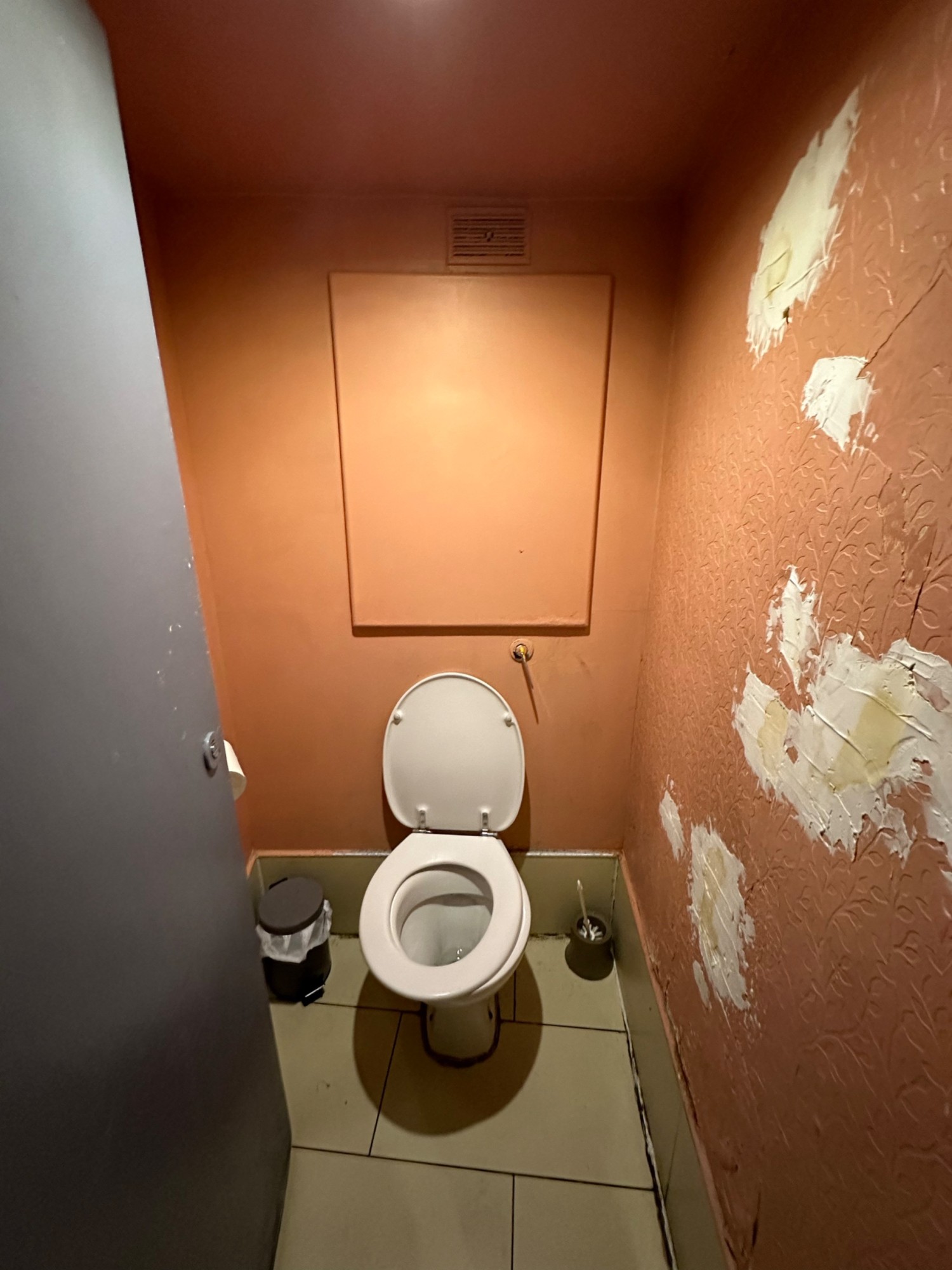 From sinks looking right at blue cubicle door. Push from right to open. Toilet on back wall ahead.