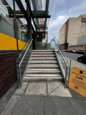 Staircase to entrance. 8 steps to floor. Handrails either side.