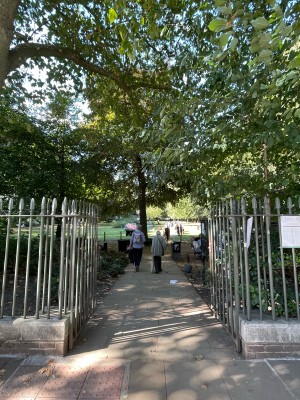 Access via opening in fenced area from the park.