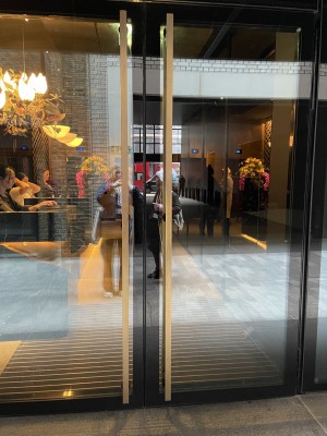 View of front door. Large double doors, which pull open outwards from the centre.