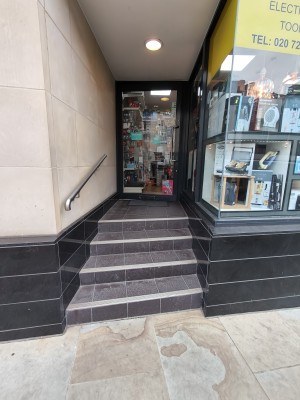 Four steps up to entrance door. Silver handrail on left.