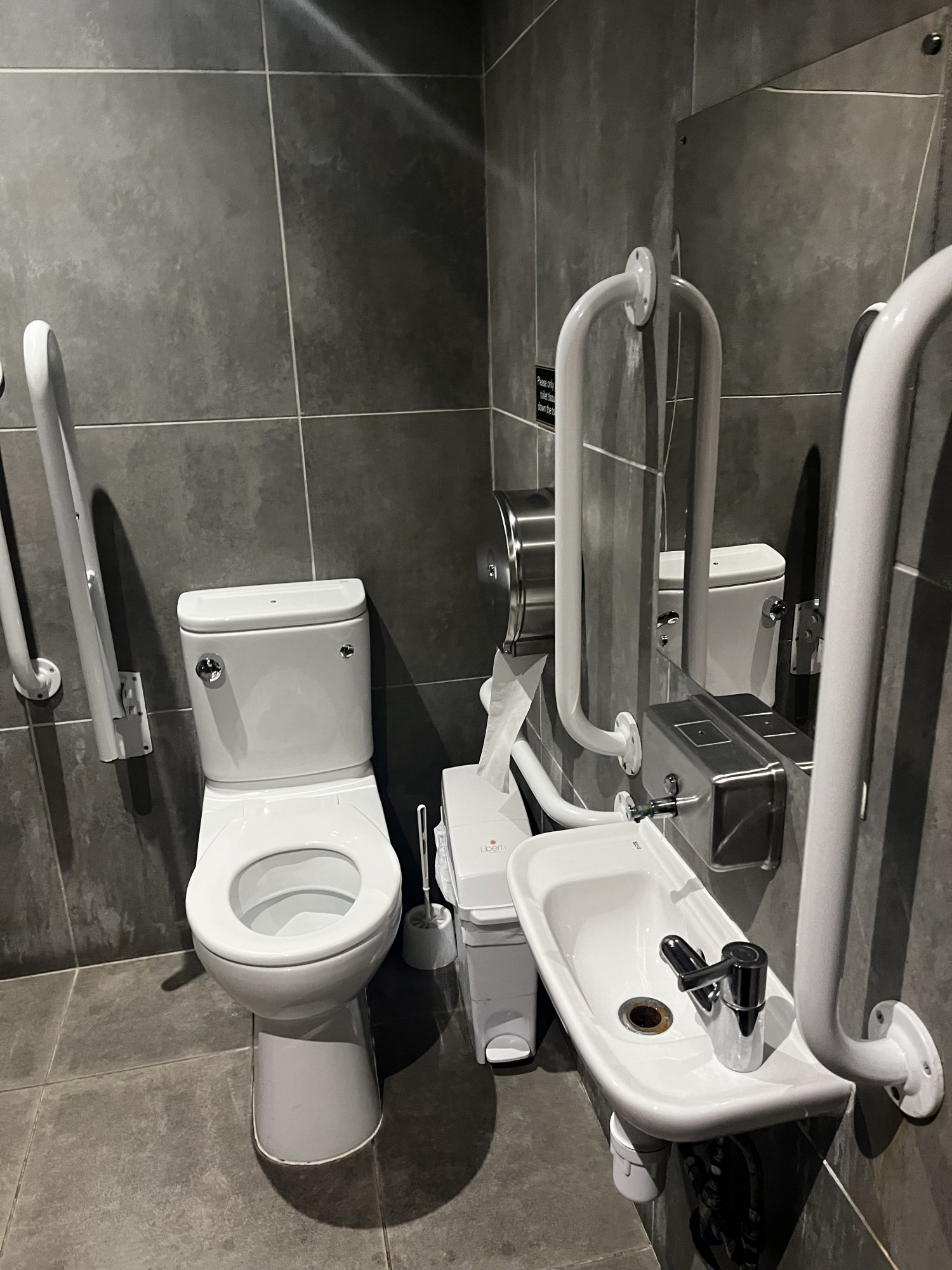 Grab bars either side of the bathroom bathroom roll on the right when facing bathroom