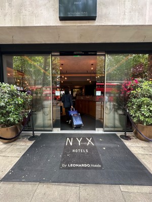 Automatic glass sliding doors with gold doorframe. Slide open from centre. Planters and ropes to left and right of doors.