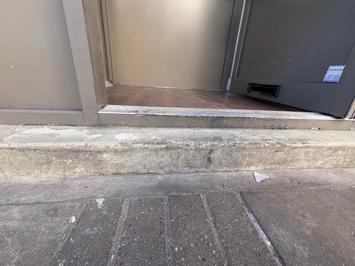 Step before door, followed by a second step with a metal bump at foot of door.