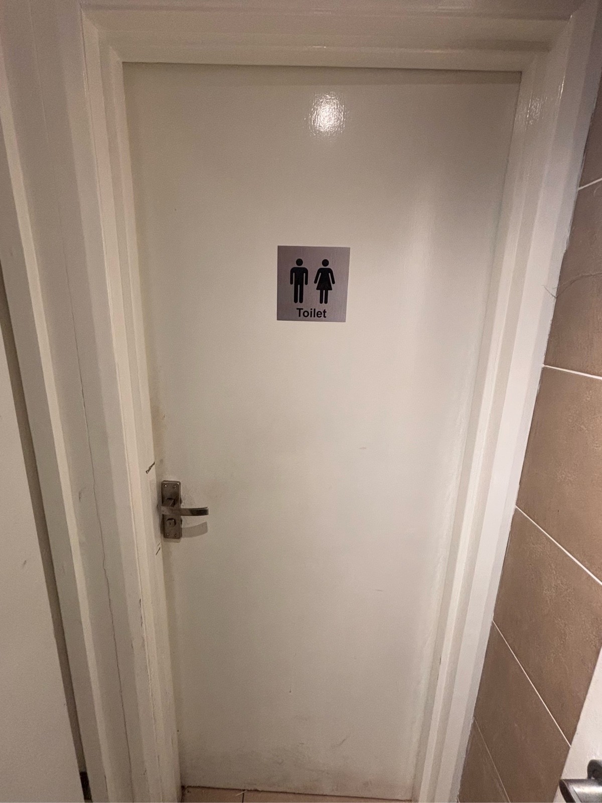 From door facing straight. White bathroom door ahead. Push metal handle at center left to open.