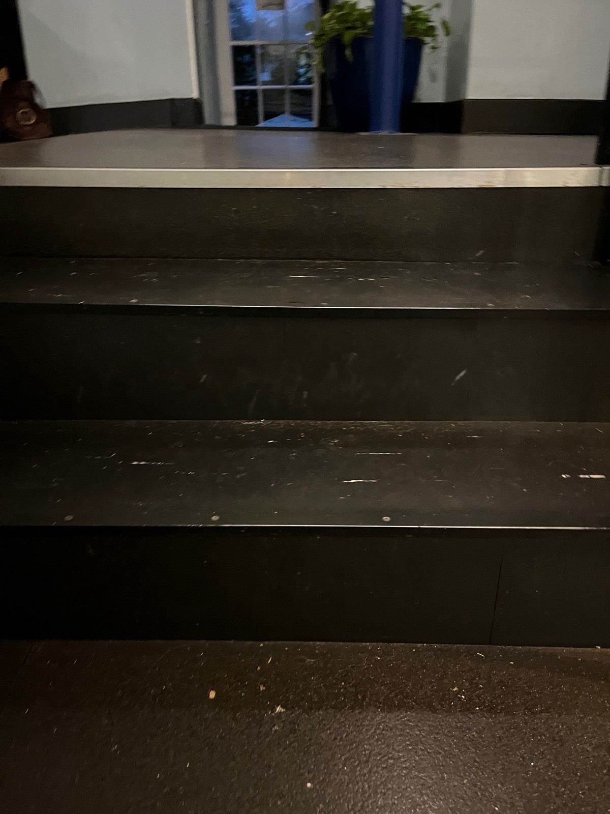 3 steps up to floor. Handrail on right.