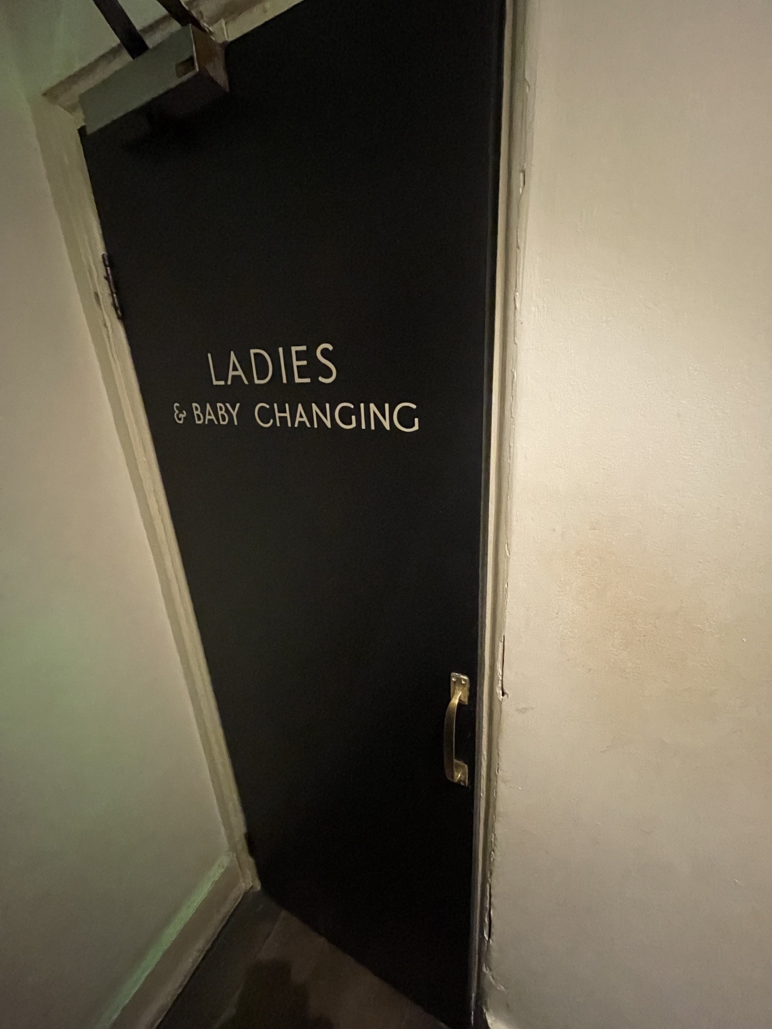 Ladies bathroom door. It is a pull door with handle at about 1/3 of the doors height on the right. Pull from the right.