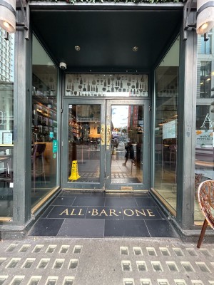 Opening, then double glass doors with dark grey wooden frame. Gold vertical handles in middle, pull to open.