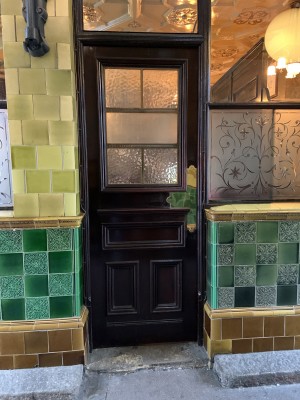 The door pushes to open with no handle bar.