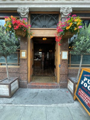 Facing entrance. A-board on right. Path in centre. One step before first set of doors. Wood-panelled glass doors. No handles, push to open.