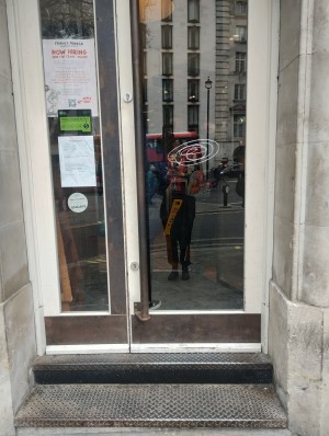Picture of main entrance. You have to pull the door open to the right. The handle is at the left. There are two steps to the entrance, first a small one, then a standard one.