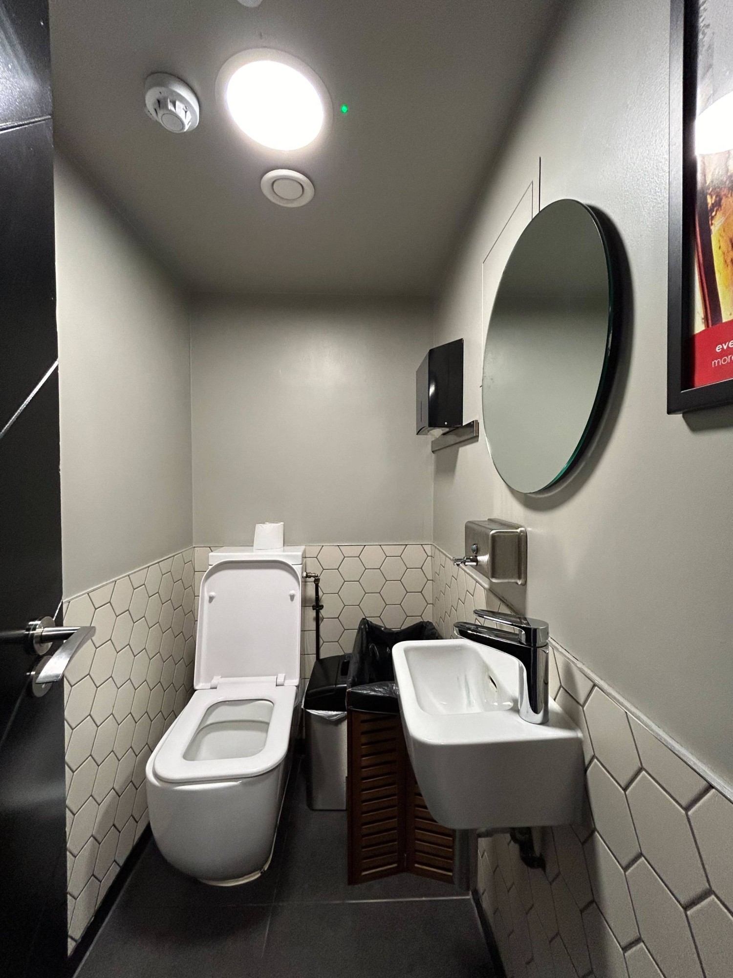 From door, looking straight. Toilet on back left, sink on right.