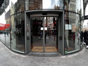 Entrance. First set of double doors. Power button to open on both sides of the entrance.