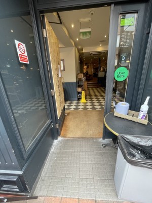 Built in ramp to door. The door pushes open from the right. Small bump at foot of door.