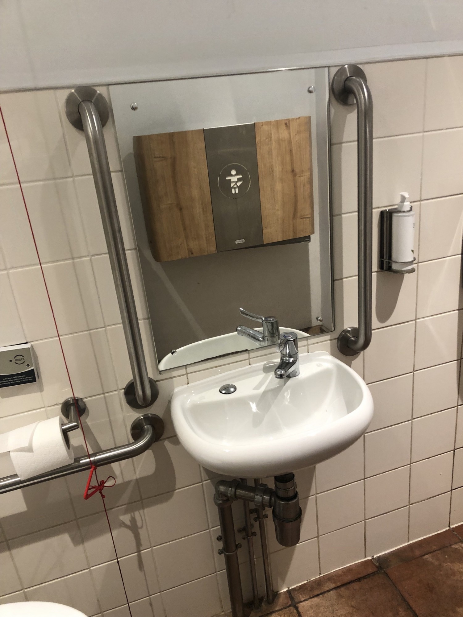 Seated height sink and mirror with vertical grab rails either side and horizontal rail to left by bathroom which is out of shot. Mirror reflection shows fold down baby changing table on opposite wall