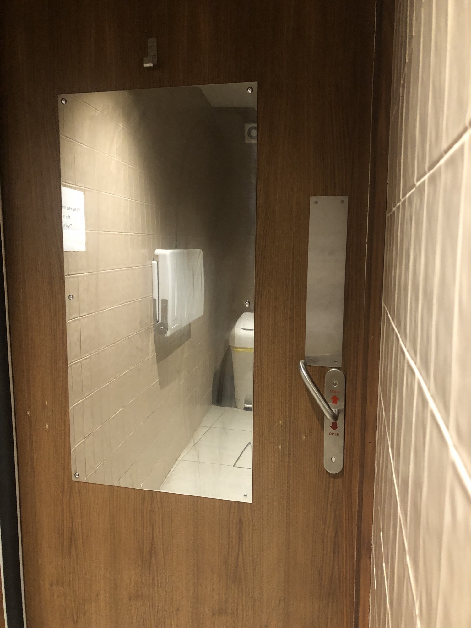 Inside of bathroom door with handle lock in locked position and full length mirror.