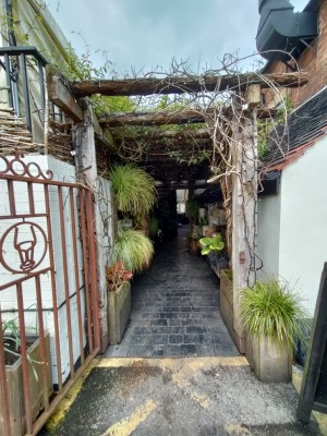 Pathway to the main entrance. At the end of the pathway the main entrance is located on the right.