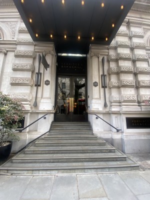 View of main entrance and set of stairs straight ahead. 8 steps. Mirror door, push to open. Handrails on both sides.