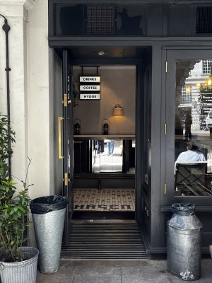 Photo of main entrance. Built in ramp leads to door with vertical handle on right. Pull to open.