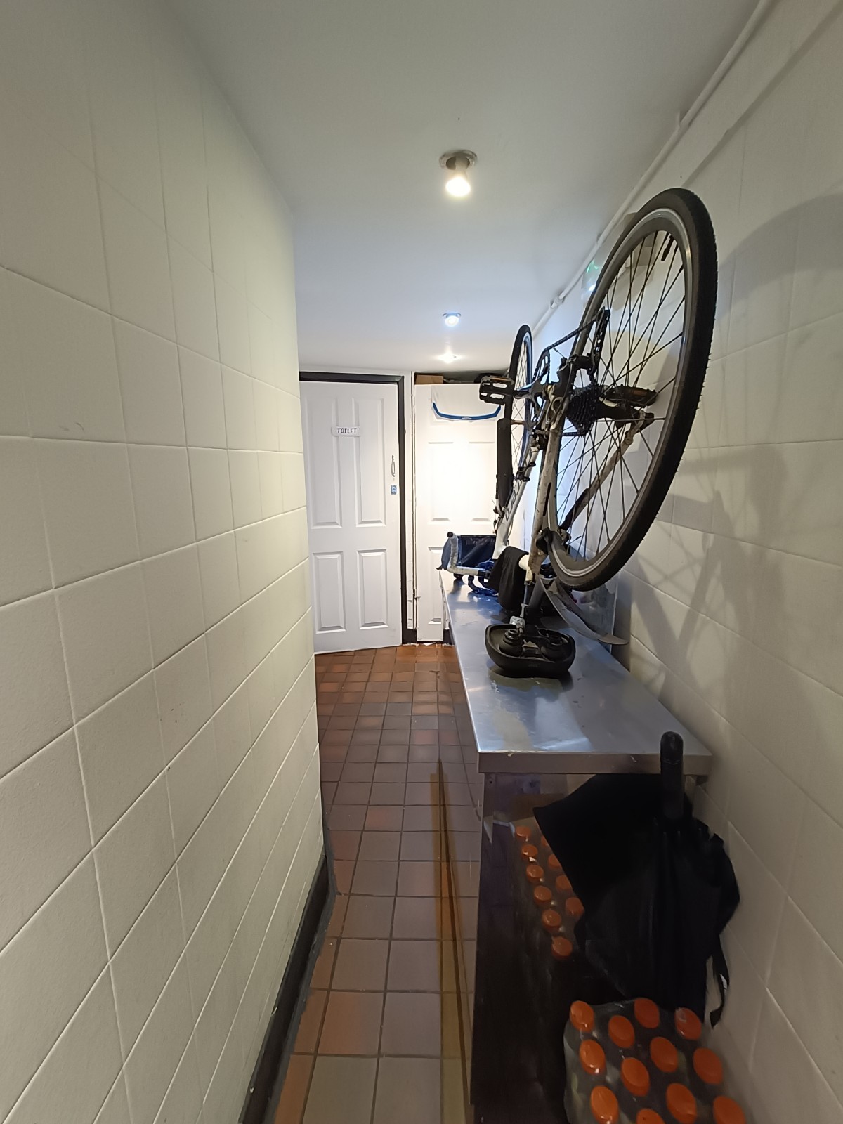 From top of step, looking straight. Storage along right. Path ahead to bathroom.