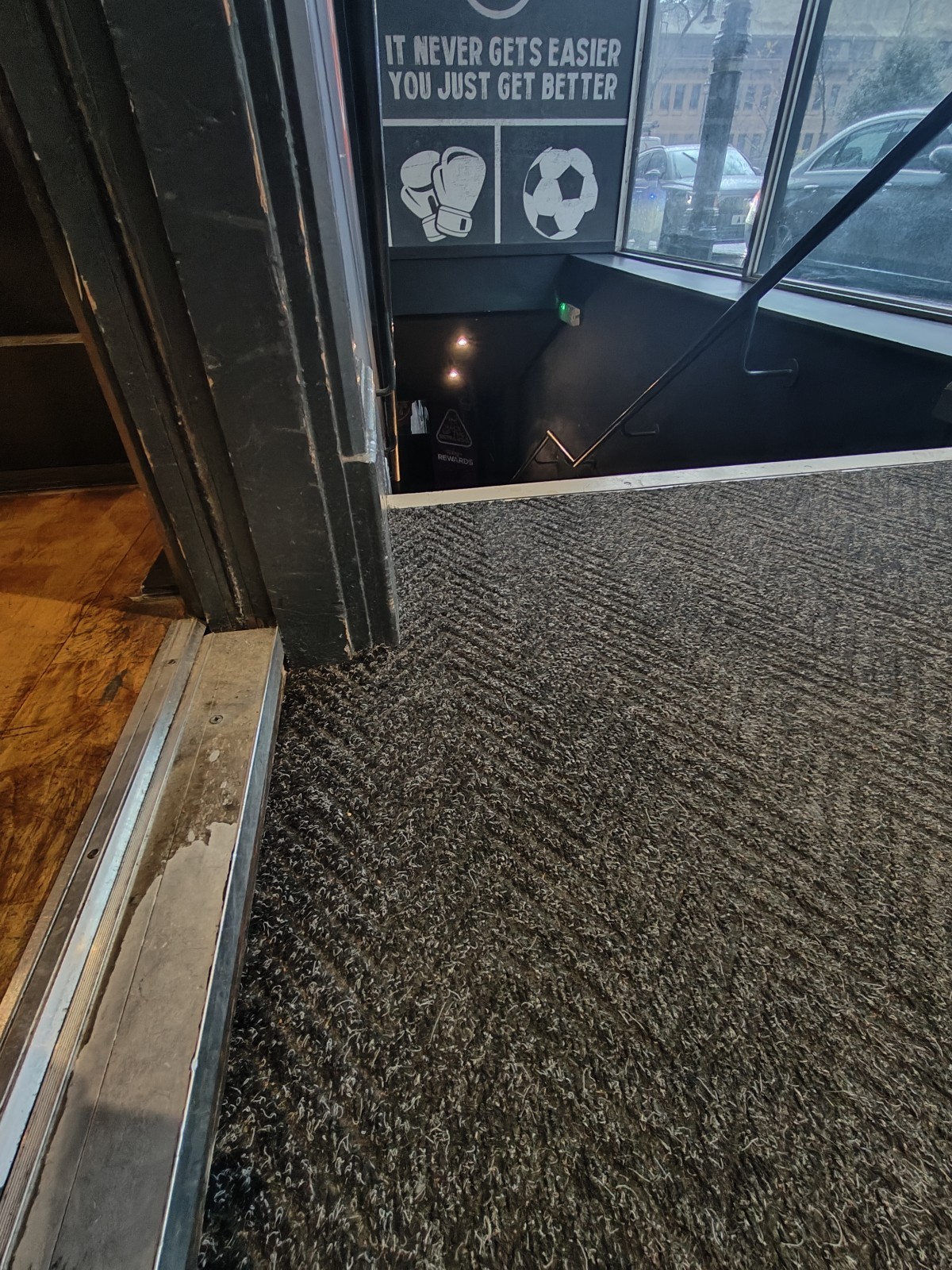 Small bump on threshold of door. One small step down on threshold of door.