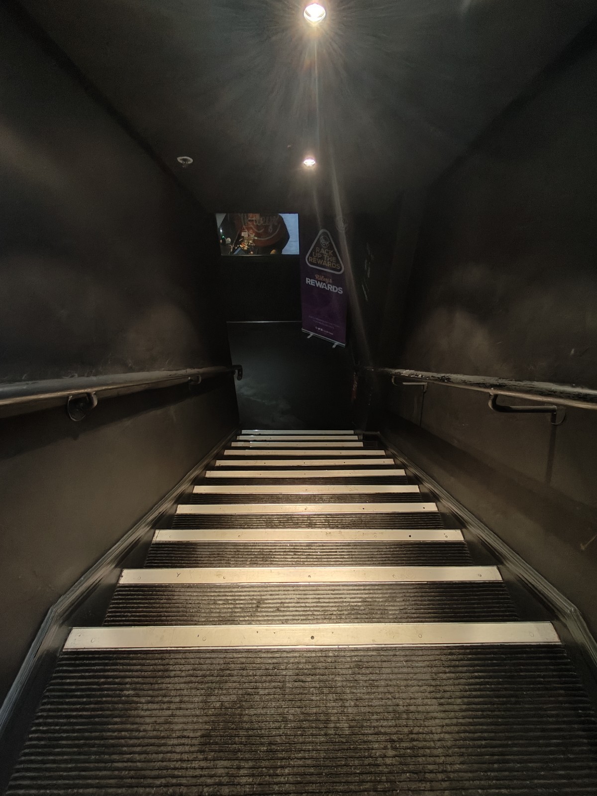 From landing facing straight. Stairs continue down. Handrails on both sides.