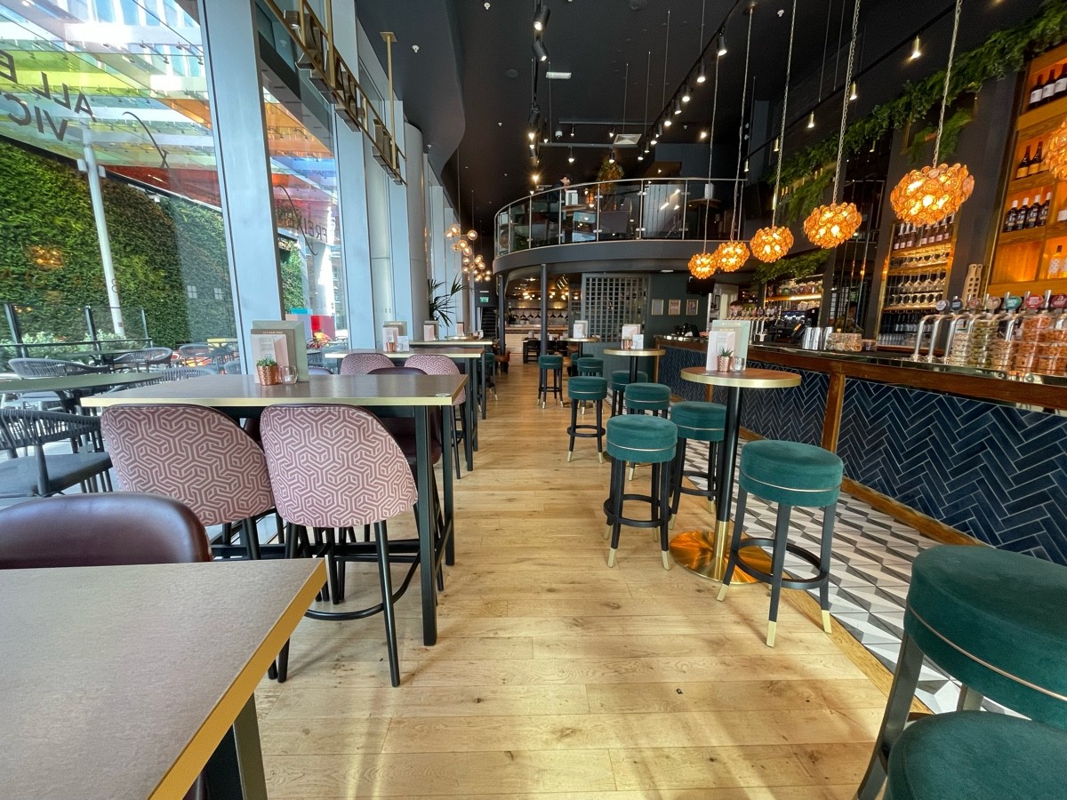 From left of high table, facing straight. Glass wall along left. High tables along left. Path ahead, going straight. High tables along right.