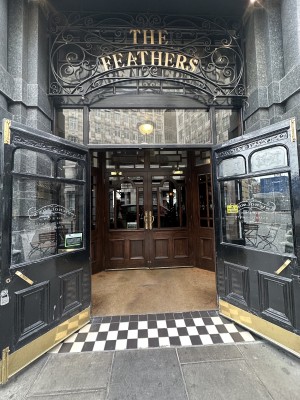 Glass doors with black, wooden frames. Pull golden handles in middle to open.