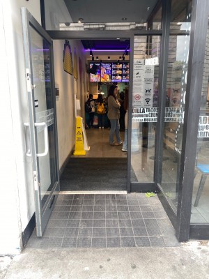 Grey framed glass pull door with white handle on right side of door. One small bump along front of door with built in ramp leading up to it.