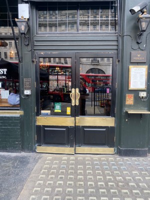 Double black/gold framed glasss pull doors with handles in middle of doors. One small bump along front.