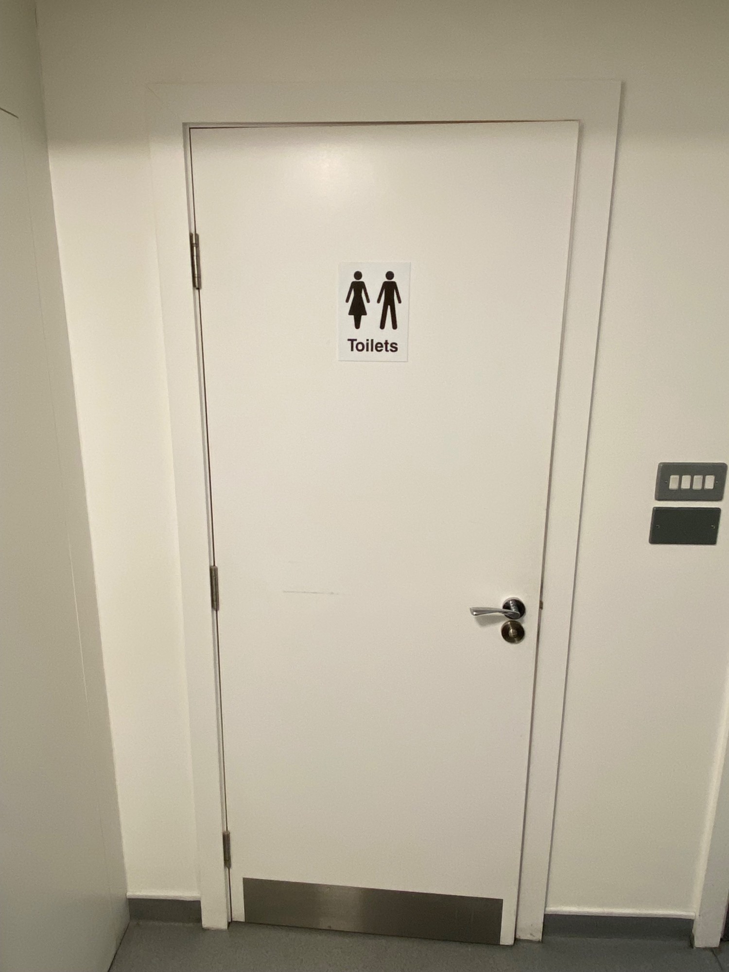 White pull door with handle on right side to access bathroom.