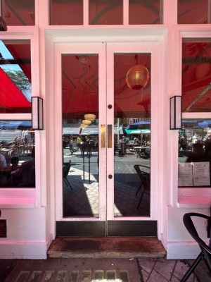 Glass double door with white frames. Brass pads on the middle. Push to open.