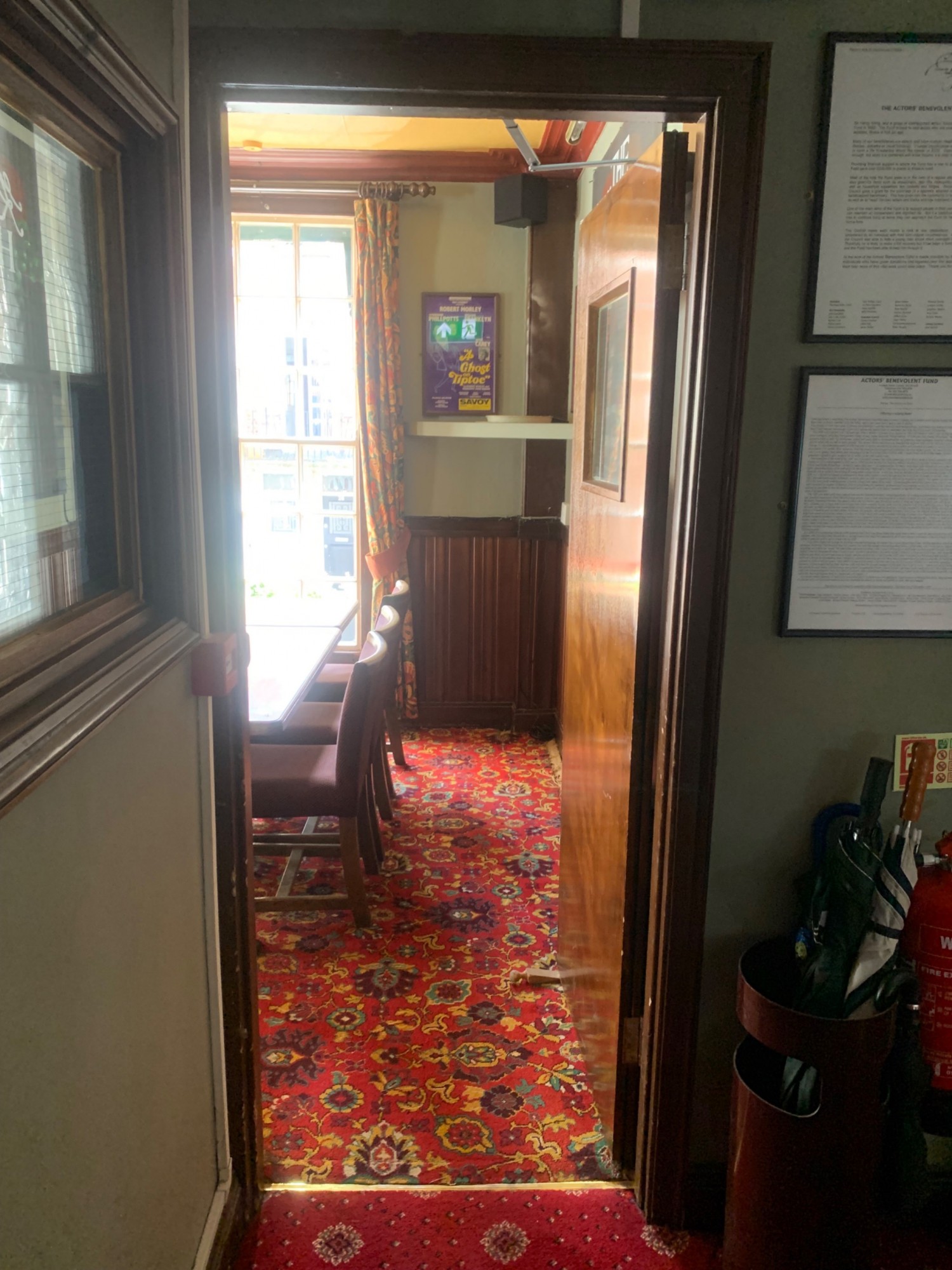From top of stairs facing right. Brown door ahead. Push from left to open.