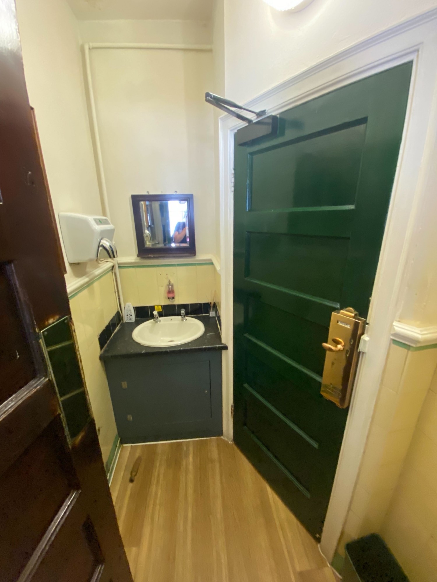 From door facing straight. Sink ahead in back wall. Green cubicle door on right. Pull via gold handle on right to open.