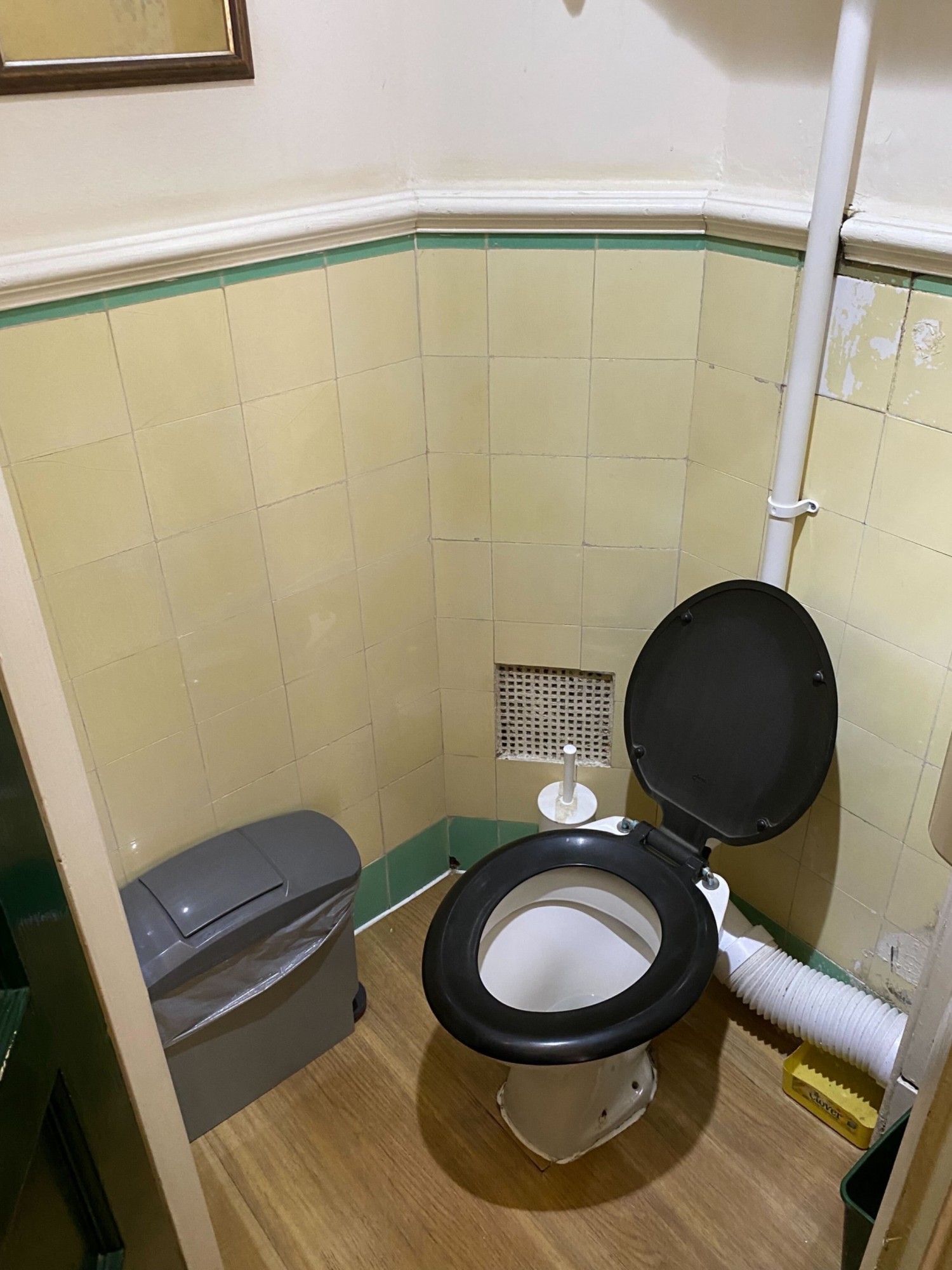 From door facing straight. Toilet ahead to the back with sanitary bin to left.