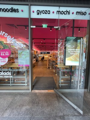 Glass door ahead. Pull vertical silver metal handle on left to open.
